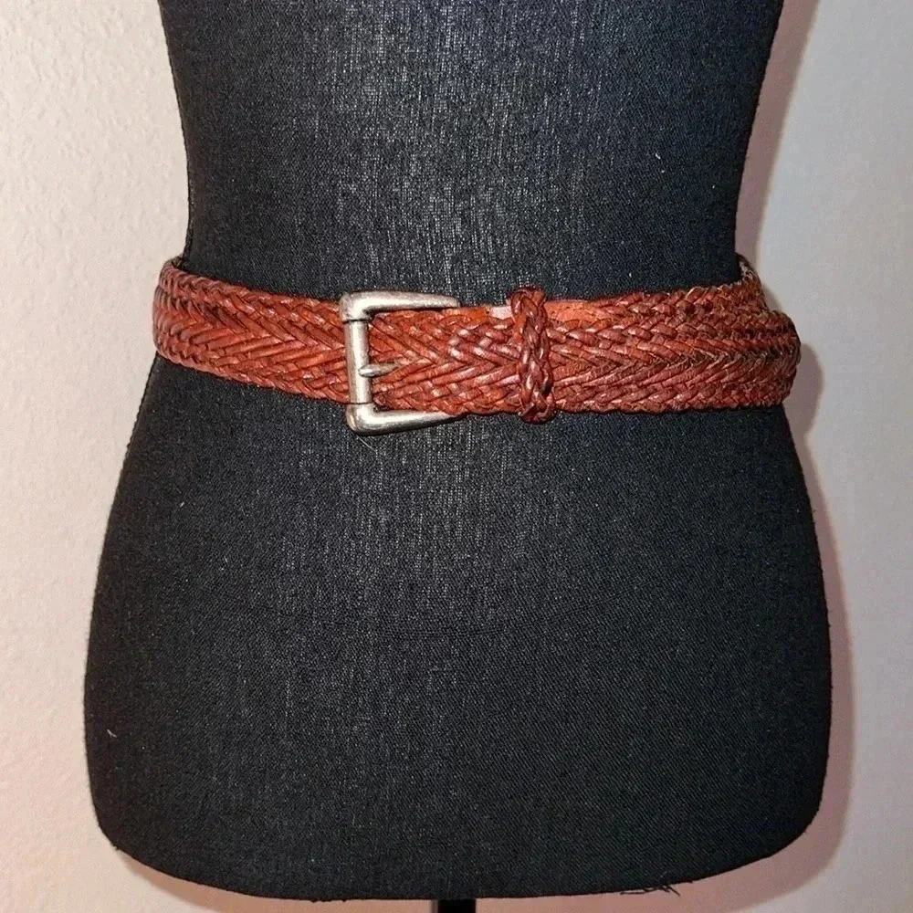 Vintage Braided Leather Belt in Deep Whiskey Brown Heavy Antique Silver Buckle M